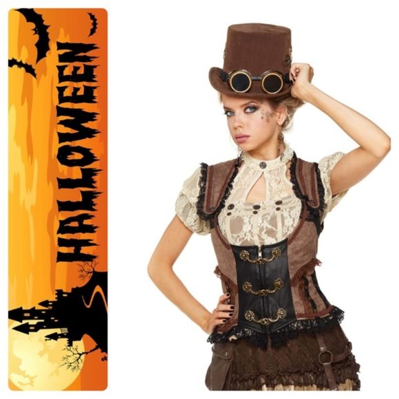 Steampunk Spirit Halloween Jackets & Blazers - Victorian Steampunk Vest Lace/Faux Leather Brass Closures/Corset Back Costume~L